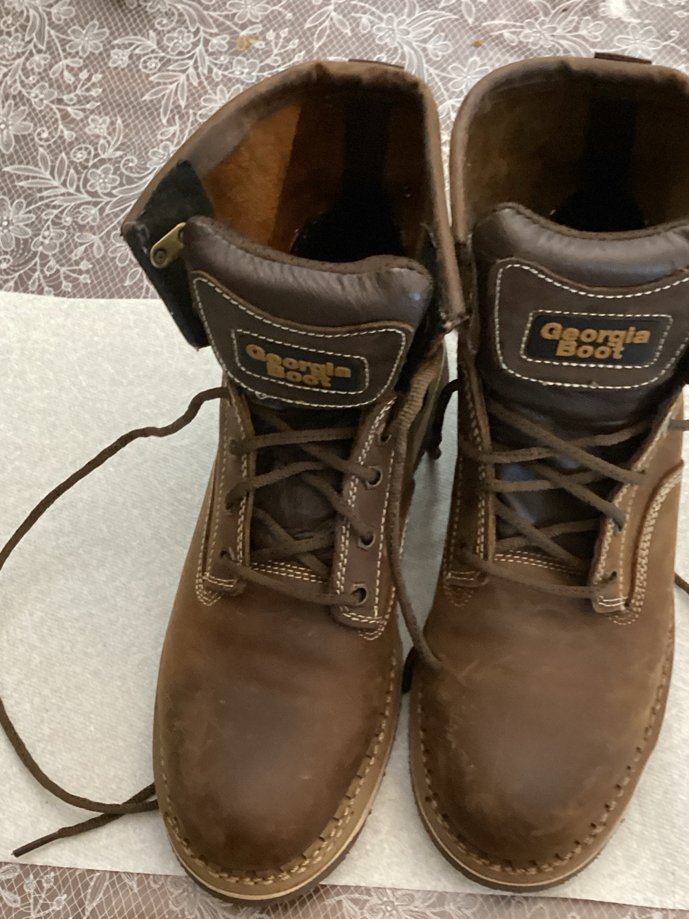 Georgia Boot Brown Leather Lace-Up Work Boots with Padded Collar
